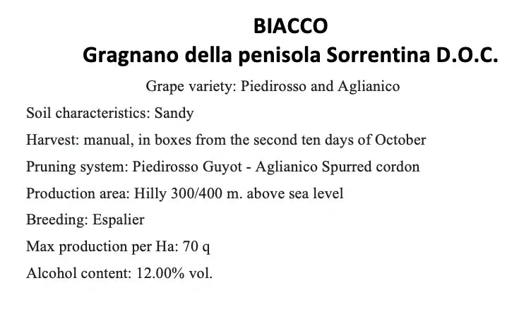 Biacco Gragnano Frizzante Penisola Sorrentina D.O.C.