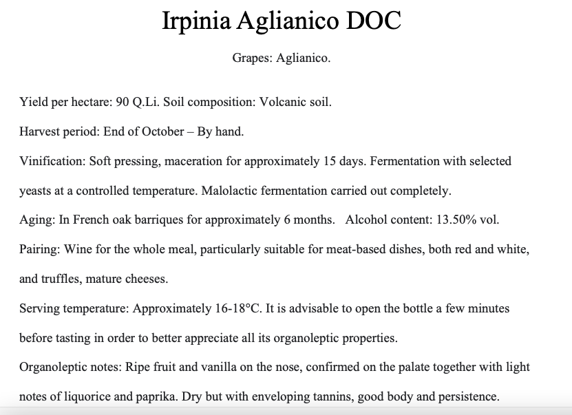 Aglianico Irpinia D.O.C. - Il Cuore dell'Irpinia