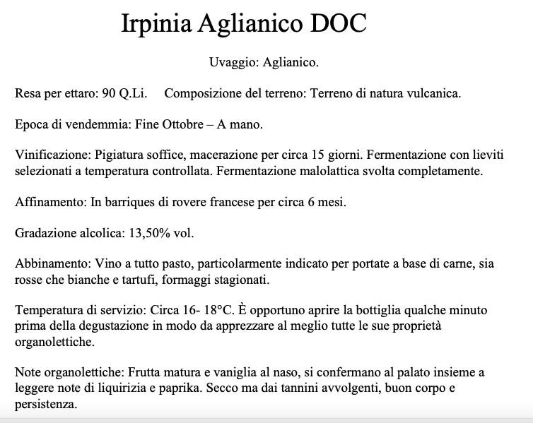 Aglianico Irpinia D.O.C. - Il Cuore dell'Irpinia