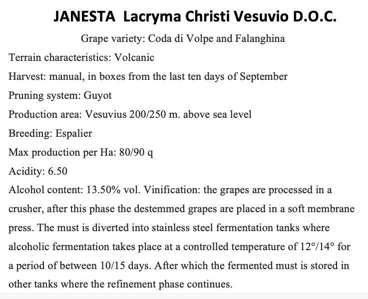 Janesta Lacryma Christi del Vesuvio Bianco D.O.C. - Le Lacrime Divine del Vesuvio