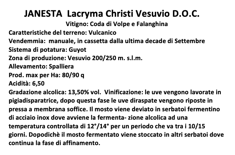 Janesta Lacryma Christi del Vesuvio Bianco D.O.C. - Le Lacrime Divine del Vesuvio