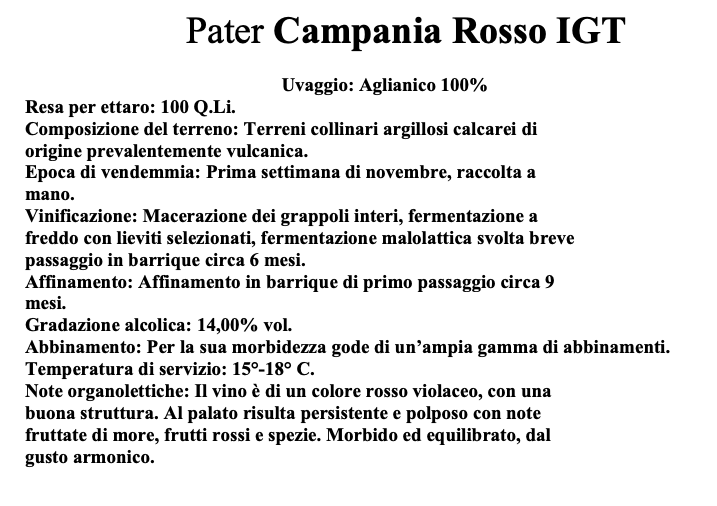 Pater Campania Rosso I.G.T. - L'Essenza Paterna della Tradizione Campana