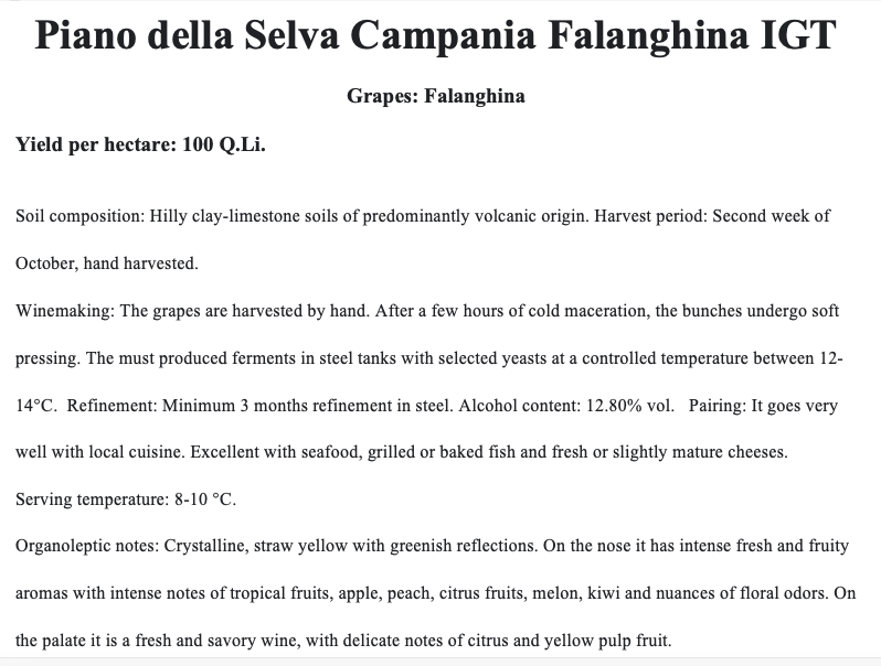 Plan of Selva Campania Falanghina IGT