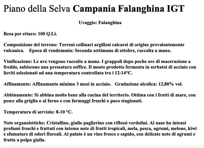 Plan of Selva Campania Falanghina IGT